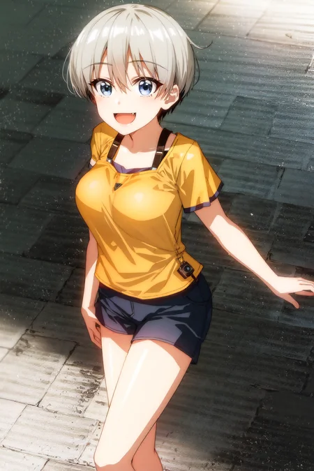 1girl, solo, bangs, uzaki hana, blue eyes, short hair, grey hair, fang, breasts, open mouth, smile, shorts, skin fang, large breasts, shirt, :d, bag, hair between eyes, looking at viewer, stairs, orange shirt, collarbone, between breasts, cowboy shot, solo focus, strap between breasts, short sleeves, fullbody, <lora:hana:0.7><hypernet:sgqo1n:1>