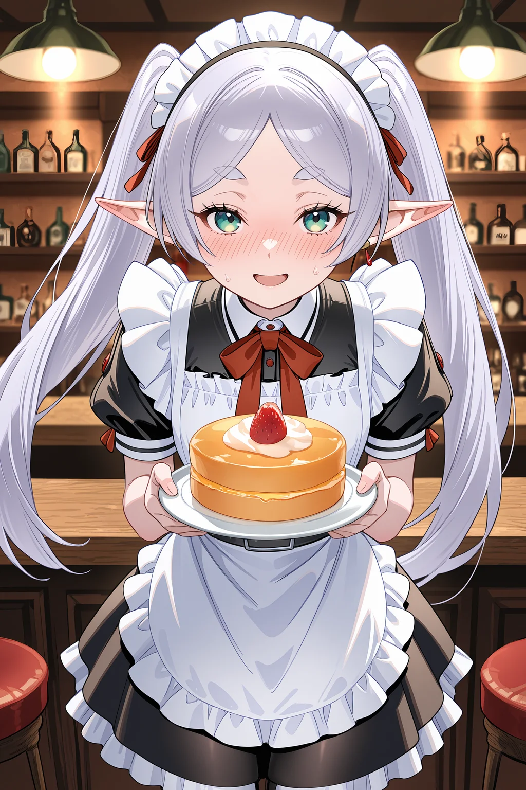 1girl, frieren, twintails, solo, maid, maid headdress, maid apron, embarrassed, pantyhose, open mouth, blush, smile, open mouth, holding plate, looking at viewer, cowboy shot, bar \(place\), indoors, depth of field <lora:Char-Frieren-IL-V1:0.8:hr=0.6>, (kanzaki hiro, konya karasue, mika pikazo, rella:0.6)
masterpiece, best quality, amazing quality, very aesthetic, absurdres, newest, (scenery, volumetric lighting), ray tracing, (bloom:1.4), cinematic