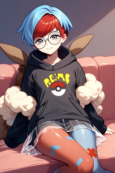 score_9, score_8_up, score_8, medium breasts, (curvy), cute, eyelashes, ,,, , ,,, zzPenny, grey eyes, glasses, short hair, red hair, blue hair, multicolored hair, round eyewear, two-tone hair, long sleeves, hood down, black hoodie, backpack, bag, brown bag, pantyhose, see-through skirt, <lora:Penny_Pokemon_PDXL:1.0>, ,,,, BREAK, ,,, smile, looking at viewer, blush, blurry, couch, sitting, ,,, shiny skin, <lora:ProAnime_PDXL_v1:0.7>, ,,, embedding:zPDXL, Expressiveh, <lora:SDXLFaeTastic2400:0.5>, <lora:Expressive_H-000001:0.4>,
