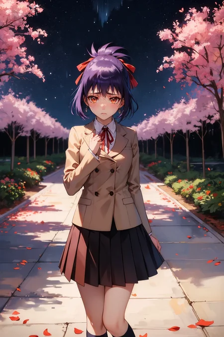 masterpiece, best quality, <lora:blsenna-nvwls-v1-000009:0.9> blsenna, purple hair, hair ribbon, blazer, pleated skirt, socks, hand to heart, night sky, aurora, furrowed brow, tears in eyes, petals, flowers, trees, standing, cowboy shot, abstract background, colored lights
