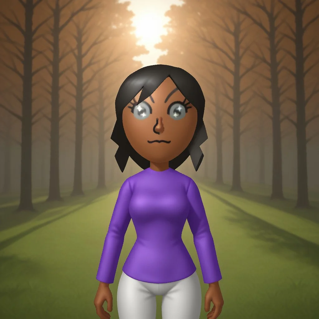 score_9, score_8, BREAK, solo, wii, mii, wii sports, 1girl, female mii, gray eyes, stars in eyes, byakugan, black hair, black eyebrows, dark skin, purple clothing, white pajama pants, barefoot, nintendo mii, modern_mii, classic_mii, breasts, Awakened_Haru_(OC_Mii), sexy pose, smile, outdoors, sunlight, shadows, evening lighting, natural lighting, forest, trees, grass, orange sky, sunset