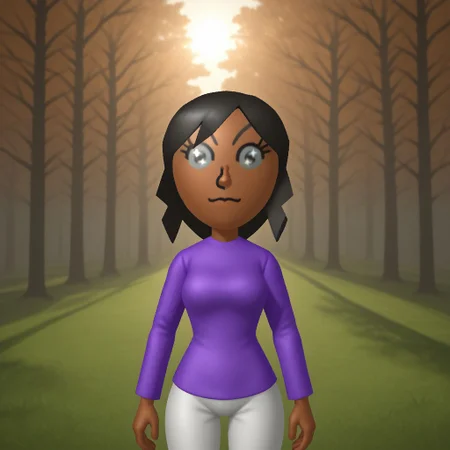 score_9, score_8, BREAK, solo, wii, mii, wii sports, 1girl, female mii, gray eyes, stars in eyes, byakugan, black hair, black eyebrows, dark skin, purple clothing, white pajama pants, barefoot, nintendo mii, modern_mii, classic_mii, breasts, Awakened_Haru_(OC_Mii), sexy pose, smile, outdoors, sunlight, shadows, evening lighting, natural lighting, forest, trees, grass, orange sky, sunset