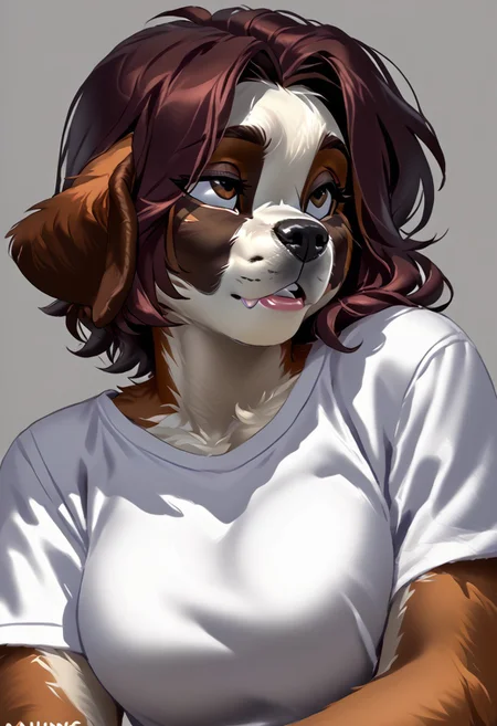 score_9, score_8_up, score_7_up, (by kittydee:1.5), (by jailbird:1.5), (by zummeng:1.5), masterpiece, best quality,
(Furry Art: Anthro: Saint Bernard:1.5), 1girl, expressive eyes, feminine eyes, perfect face, feminine face, dog, canine, multicolored fur, brown fur, white fur, black fur, black fur spots around eyes, (large breasts), perfect face, brown eyes, brown hair, (short hair), (t-shirt)