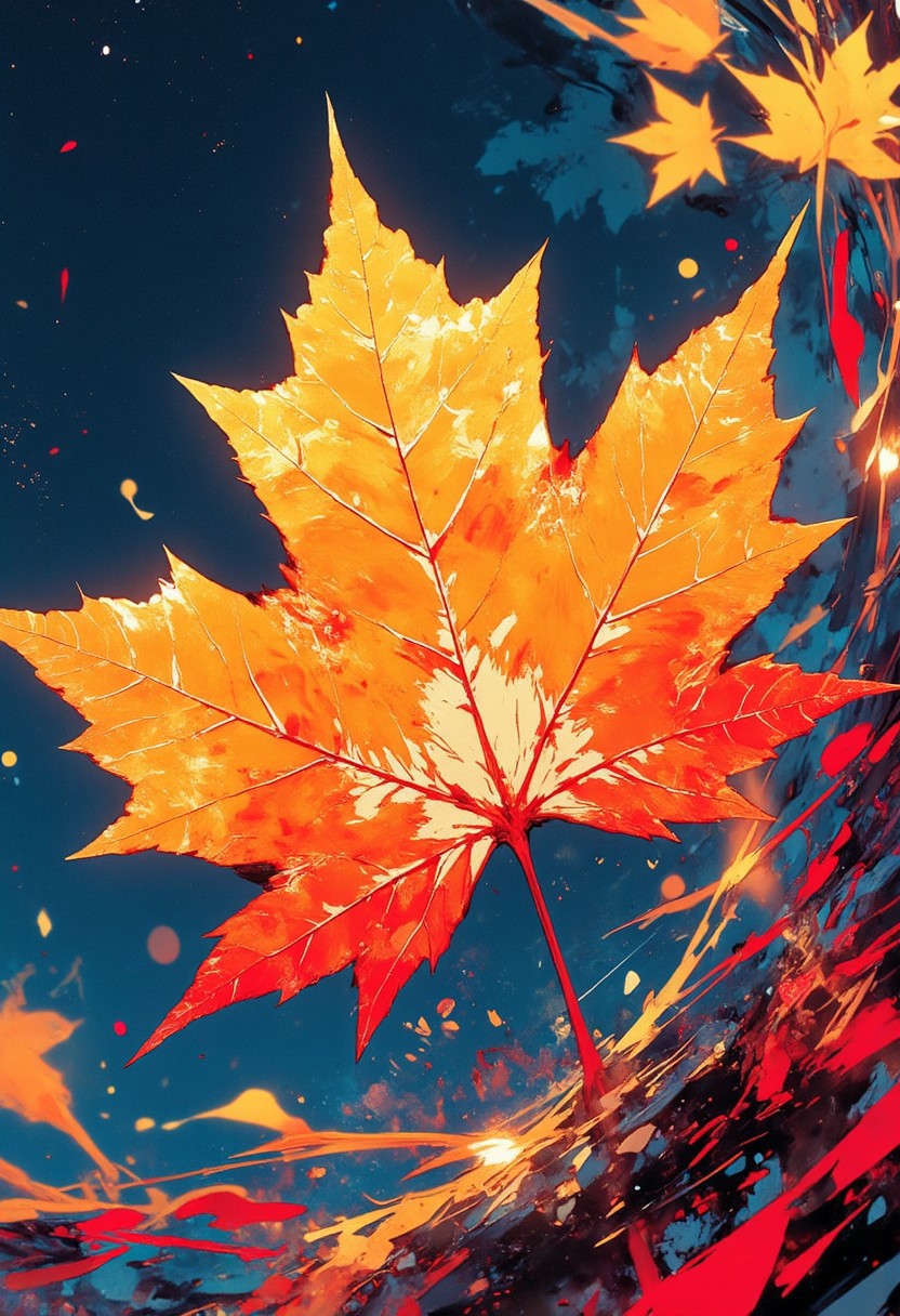 Mh1$AgThS2
A hyper-detailed maple leaf in extreme closeup, its veins glowing with molten amber light that pulses like a living circulatory system. The leaf transitions from summer green at its stem to explosive crimson and gold at its tips, capturing the entire seasonal cycle in a single moment. Dew droplets cling to its serrated edges, each one containing a miniature reflection of the Canadian landscape—from Rocky Mountains to Maritime shores. The leaf appears suspended against a background of impossibly deep cobalt blue sky, creating a natural Canadian flag. Microscopic details reveal the leaf's cellular structure glowing with bioluminescent energy in patriotic red and white.
The entire composition radiates with the transcendent light of autumn, transforming a simple leaf into a spiritual experience.
Thin border of maple seed keys spiraling in wind patterns on a epic chrome red and gold border background