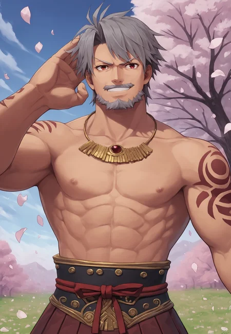 score_9, score_8_up, AdrayLasbard, mature male, grey hair, short hair, red eyes, facial hair, mustache, necklace, shirtless, muscular, arm tattoos, belt, hakama, upper body, detailed background, dynamic pose, open field, sakura trees, blue sky, dutch angle, petals on the wind, looking at viewer, smirk, cowboy shot,