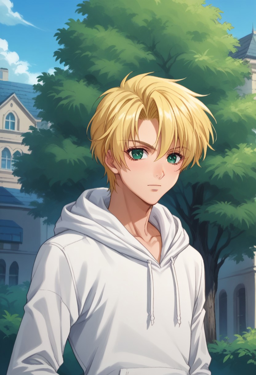 score_9, score_8_up, score_7_up, source_anime, highly detailed, 
wolfram, blonde hair, 1boy, male focus, solo, green eyes, upper body. slender, skinny, hoodie, hood, denim,
outdoor, buildings, sky, tree
