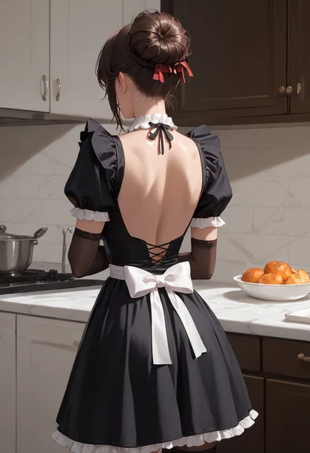 score_9, score_8_up, score_7_up, source_anime, masterpiece, 4k, high quality, (best quality:1.1), solo , 1girl, brown hair, large breasts,, back view, facing away, kitchen, messy bun, black maid dress, thighhighs, long gloves transparent gloves, fingerless gloves, , back bow,