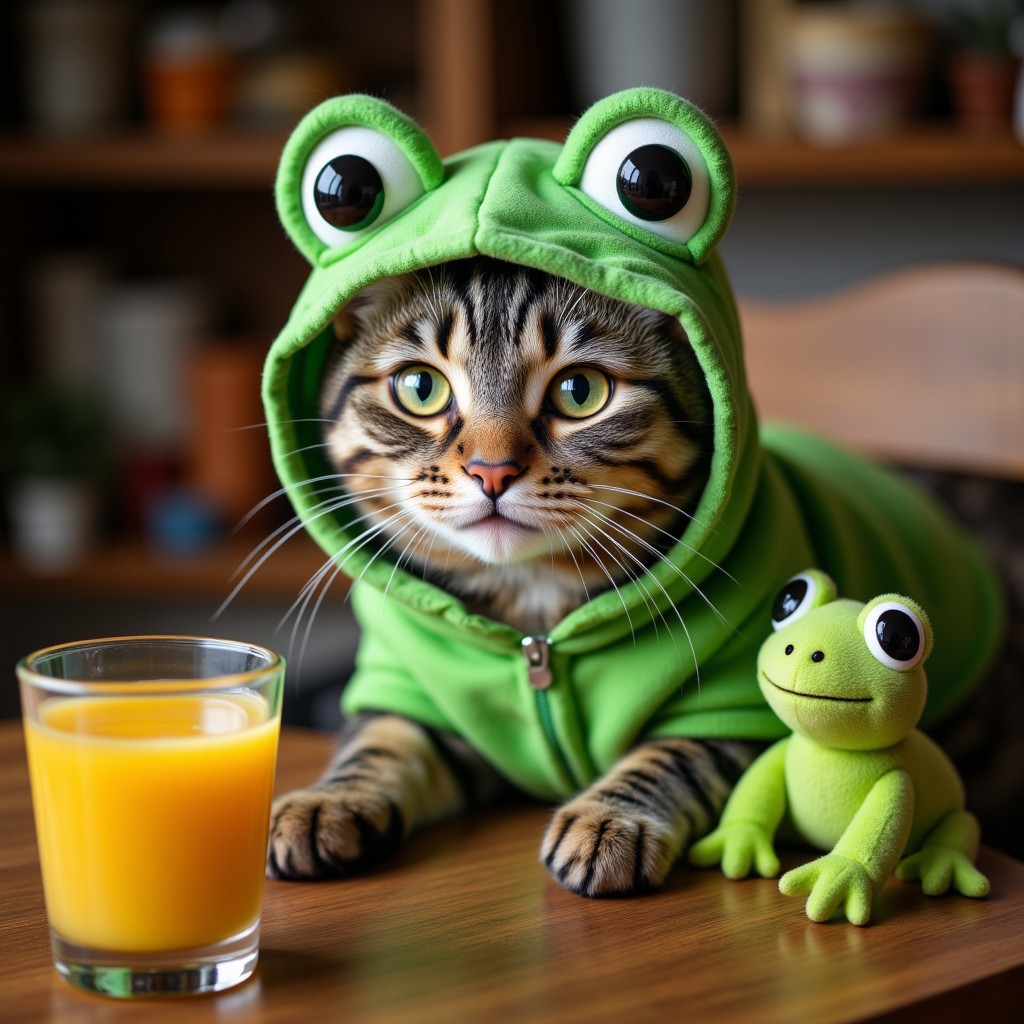 Professional photograph of  A cute tabby cat wearing a green frog costume, sitting at a table. The cat has big green eyes and a content expression. There is a glass of orange juice on the table and a plush frog toy next to the cat. aidmafluxpro1.1, aidmaMJ6.1, aidmaimageupgrader, aidmaHyperrealism