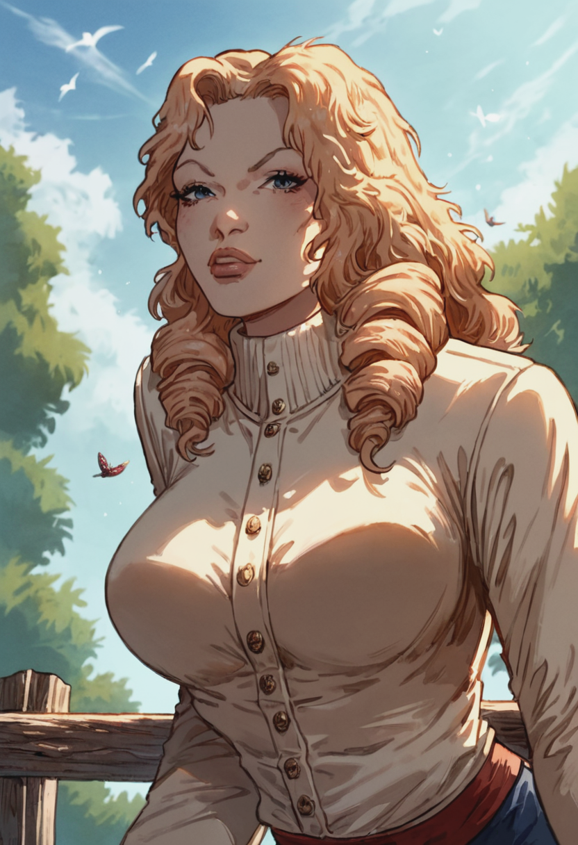 score_9, score_8_up, score_7_up, 1girl, large_breasts, mature_female, portrait, solo, looking_at_viewer, open_eyes, Leaning on an invisible fence, from_below, (Apricot Bomber Jacket), tri drills, mohican, Strawberry Blonde hair, clubroom, lower_body, rating_safe, <lora:pony\artist_styles\jacques_geron_pony:1.0>
