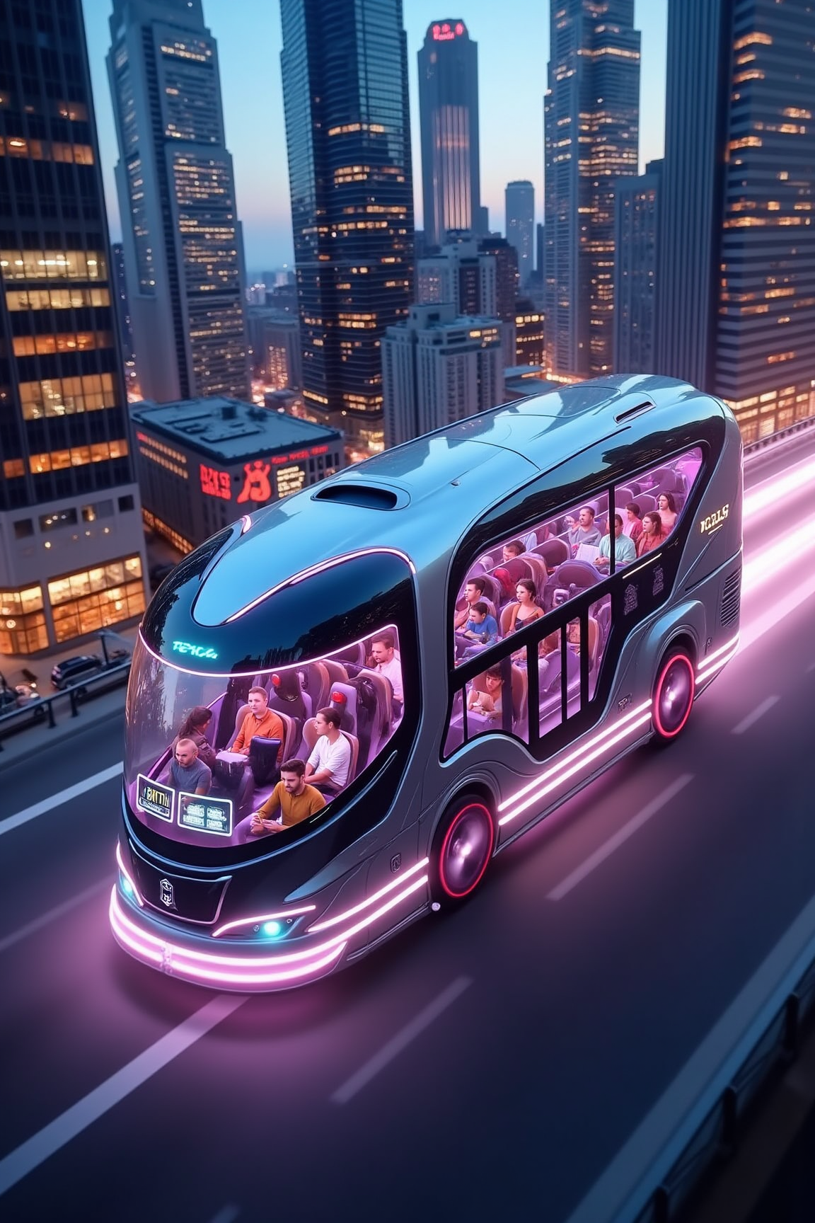 YFG-R1gs Imagine a sleek, silver bus hurtling through a neon-lit cityscape at breakneck speeds, its transparent panels revealing passengers enjoying augmented reality entertainment as they zip past towering skyscrapers and glowing advertisements.