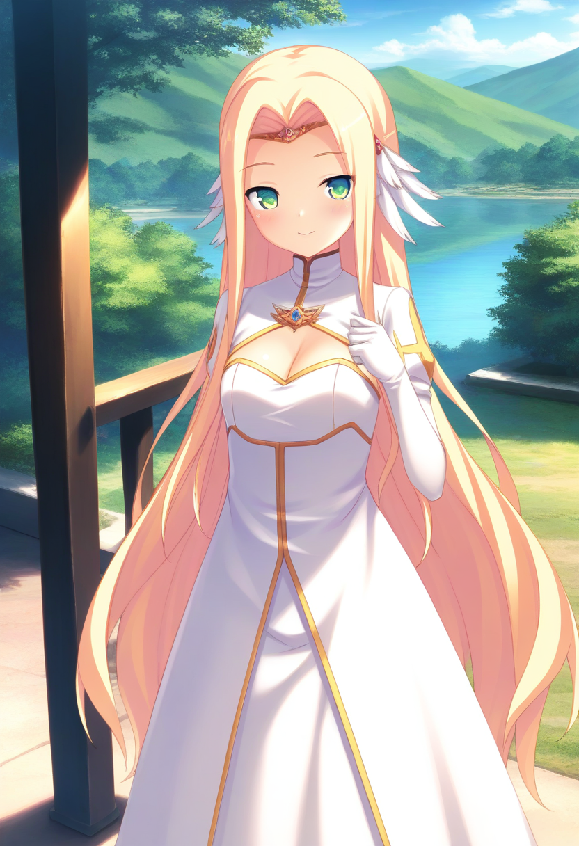 masterpiece,best quality,amazing quality,very aesthetic,absurdres,newest,scenery,<lora:Serpettane_ilxl_v1-000009:1>,1girl,long hair,solo,green eyes,blonde hair,very long hair,breasts,gloves,smile,dress,blush,cleavage,serpettane,looking at viewer,standing,outdoors,
