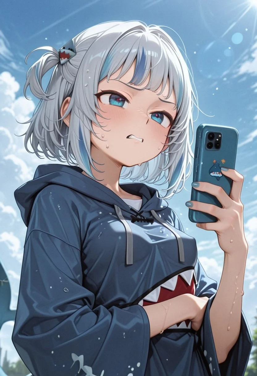 very aesthetic, high resolution, high quality, amazing quality, detailed, masterpiece, absurdres, score_9, score_8_up, score_7_up, tanjirodisgusted, clenched teeth, teeth, phone, smartphone, holding phone, holding, looking at phone, outdoors, sky, day, cloud, blurry background, portrait, (natural lighting, scenery), BREAK BREAK, (1girl, solo), woman, mature_female, grey hair, streaked hair, blue eyes, shark tail, blue nails, vivid eye color, (beautiful eyes:1.2), (gradient iris, crisp iris edges), (looking_at_viewer), (blue hoodie, shark print, shark hair ornament, two side up, wide sleeves, drawstring), lean body, small chest, (perky_breasts:1.2), small breasts, fit body proportion, sweaty, wet sweat, wet body, wet hair, standing pose, half-body portrait, BREAK,