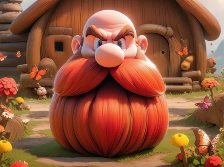 UHD, highly detailed, masterpiece,Mario as Harry_Dwarf, <lora:Harry_Dwarf:1>, red long beard, braided moustache, bald, field, flowers, butterflies, bees, log cabin in the background, (butterfly on nose), whimsical