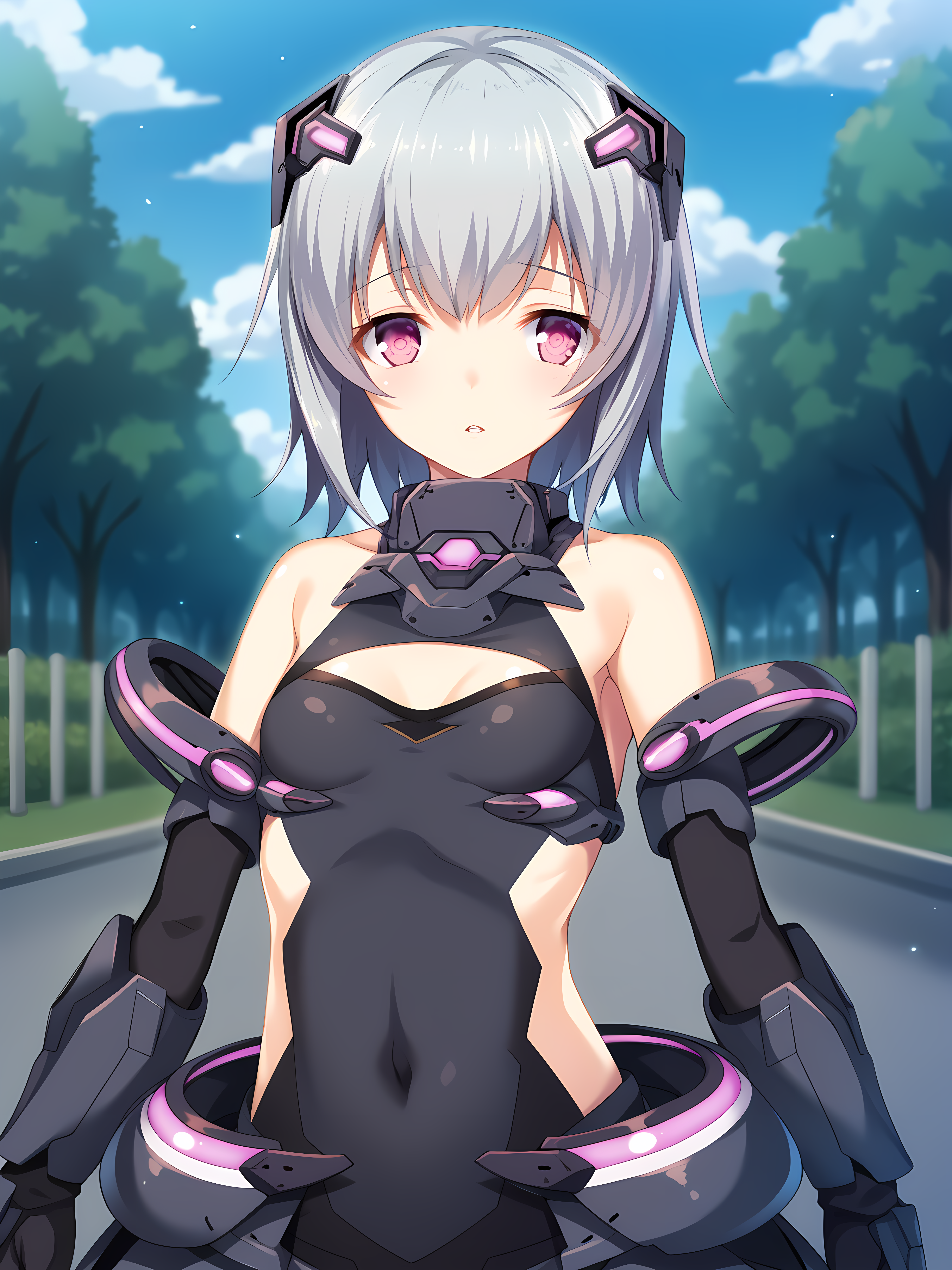 <lora:ESCUDE_-_Yamizome_Revenger_-_All_in_One:1>,corruption,escude,nao,1girl,solo,navel,short hair,mecha musume,dark persona,bare shoulders,headgear,small breasts,breasts,clothing cutout,bangs,parted lips,pink eyes,armor,grey hair,outdoors,park,, score_9, score_8_up, score_7_up,source_anime,(masterpiece),(best quality),(ultra-detailed),(best illustration),(best shadow),(absurdres),(detailed background),(very aesthetic),source_anime