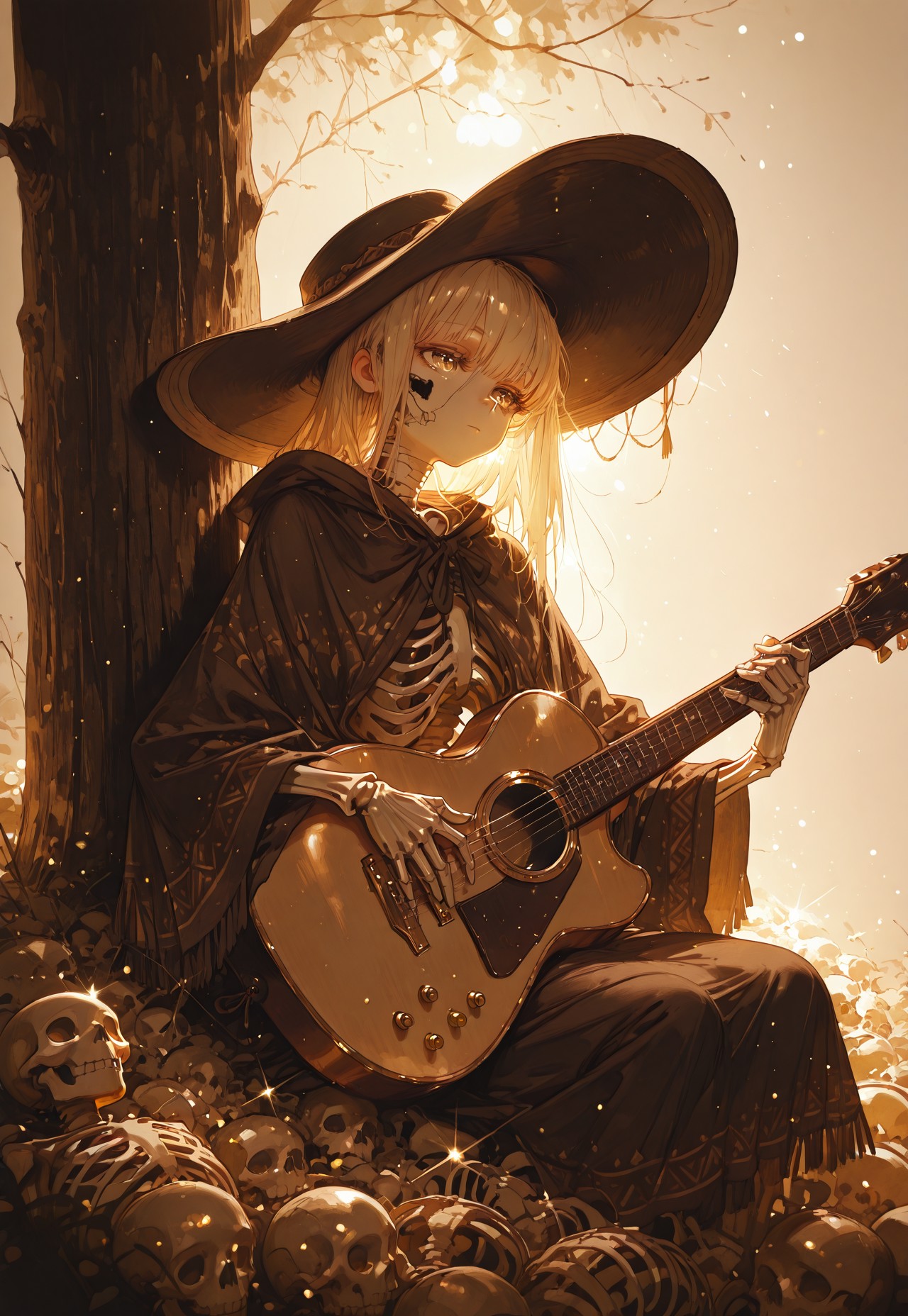 masterpiece, best quality, very aesthetic, absurdres, ambient light, soft light, SagawaStyle, Bright_illu,sparkle,too many light particles, ICJournals, blocky, painterly,
no humans, no hair, skeleton, a skeleton laying against a tree, playing guitar, hands on guitar, poncho, traditional pattern, large round hat, brim of hat covers half of his head, golden hour lighting, peaceful, amazing quality, very aesthetic, skeleton focus, face focus, 
high detail, soft shadows