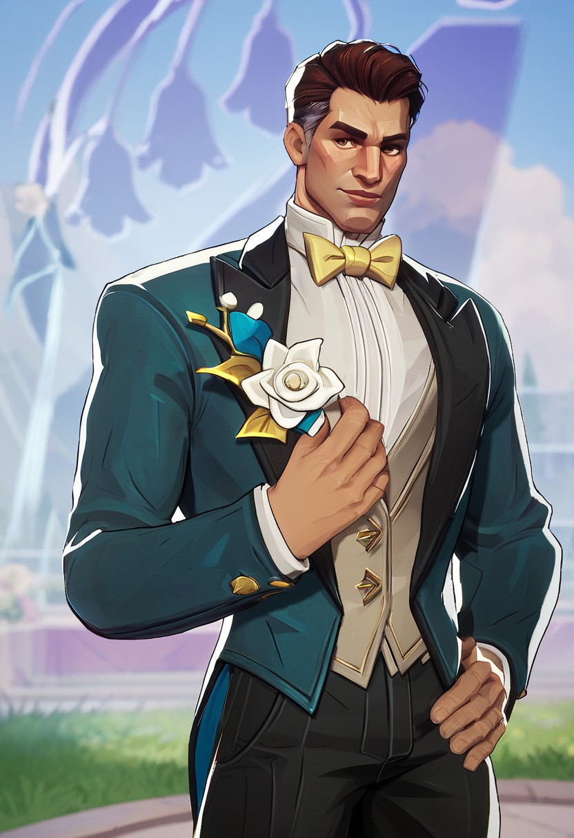 score_9, score_8_up, score_7_up, masterpiece, best quality, newest, absurdres, highres, solo, solo focus, male focus, 1boy, ReedRichards-Lifefantasticskin-V1.0,   suit, formal clothes, bowtie, brown hair, brown eyes, flower, shrt hair, pants, yellow bowtie,