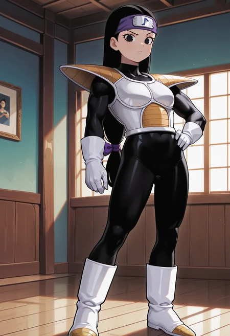 Tsch, 1girl, black hair, low-tied long hair, black eyes, purple bow, forehead protector, white saiyan armor, shoulder pad, black bodysuit, white gloves, white boots, muscular, hand on hip, looking at viewer, indoors, best quality, very aesthetic, masterpiece,