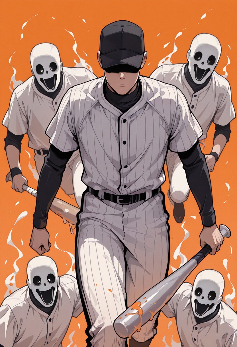 batter_off, 1boy, baseball suit with stripes, holding bat, moving towards viewer, black cap, hidden face,  orange background, ghosts, BREAK masterpiece, best quality, absurdres, newest, perfect quality, best quality, absolutely eye-catching, detailed background, intricate details