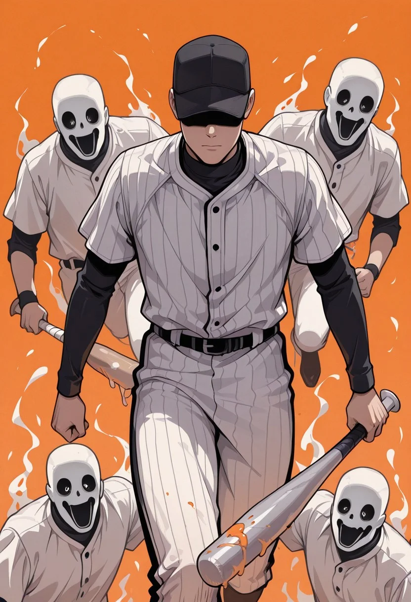 batter_off, 1boy, baseball suit with stripes, holding bat, moving towards viewer, black cap, hidden face, orange background, ghosts, BREAK masterpiece, best quality, absurdres, newest, perfect quality, best quality, absolutely eye-catching, detailed background, intricate details