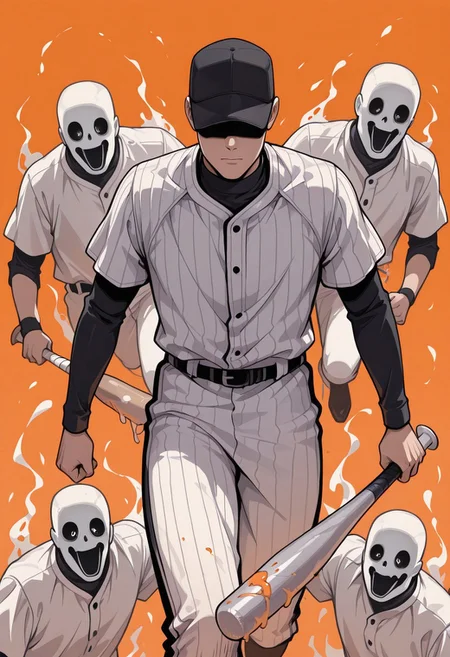 batter_off, 1boy, baseball suit with stripes, holding bat, moving towards viewer, black cap, hidden face, orange background, ghosts, BREAK masterpiece, best quality, absurdres, newest, perfect quality, best quality, absolutely eye-catching, detailed background, intricate details