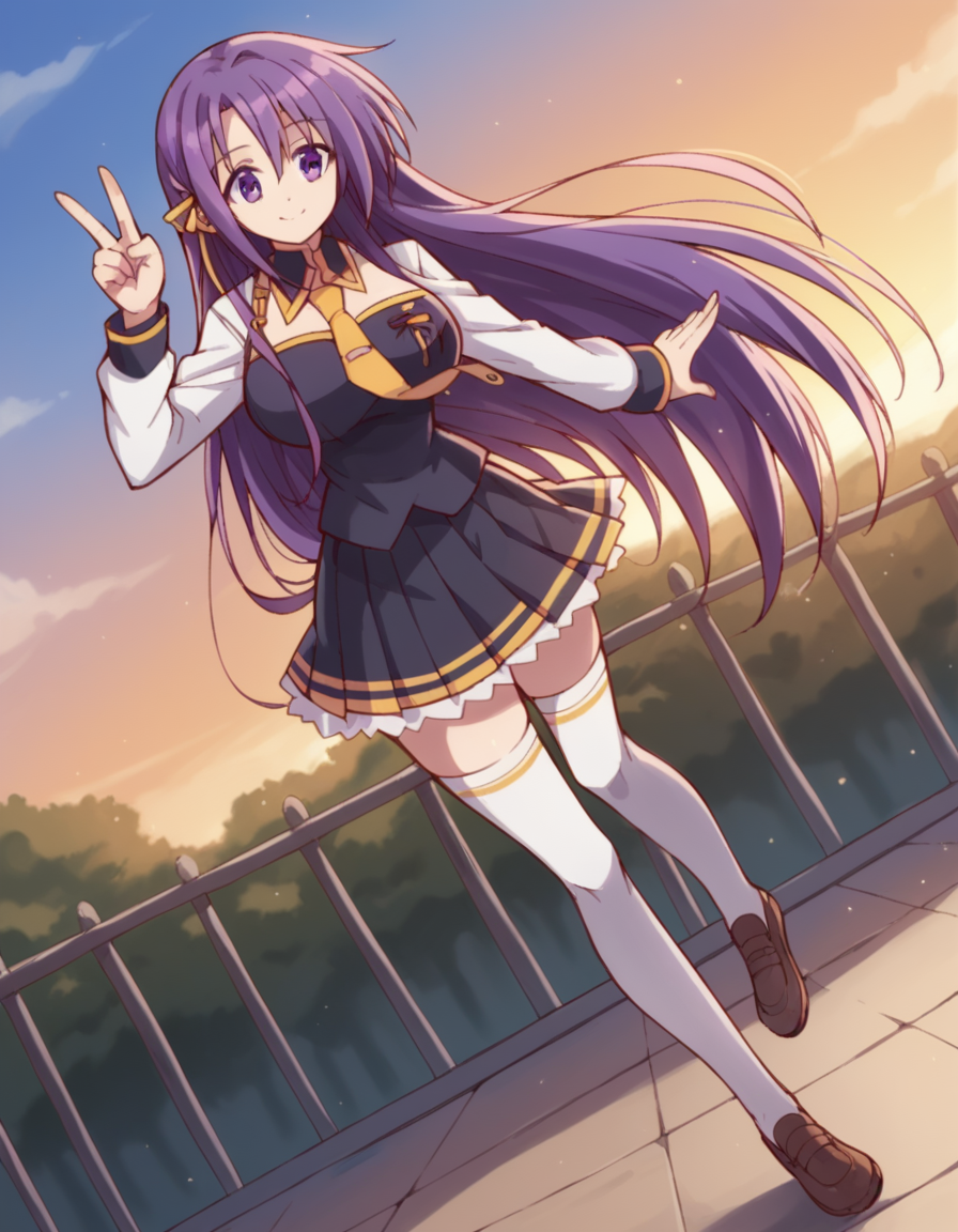 score_9, score_8_up, score_7_up, source_anime, <lora:fianna-ray-ordesia-s1-ponyxl-lora-nochekaiser:1>, fianna ray ordesia, long hair, large breasts, very long hair, ribbon, purple eyes, hair ribbon, purple hair,, skirt, thighhighs, school uniform, necktie, long sleeves, black skirt, pleated skirt, suburban neighborhood, morning jog, earphones, running shoes, fresh air, sunrise, smile, , v, v over eyes,, solo,, cowboy shot, dutch angle