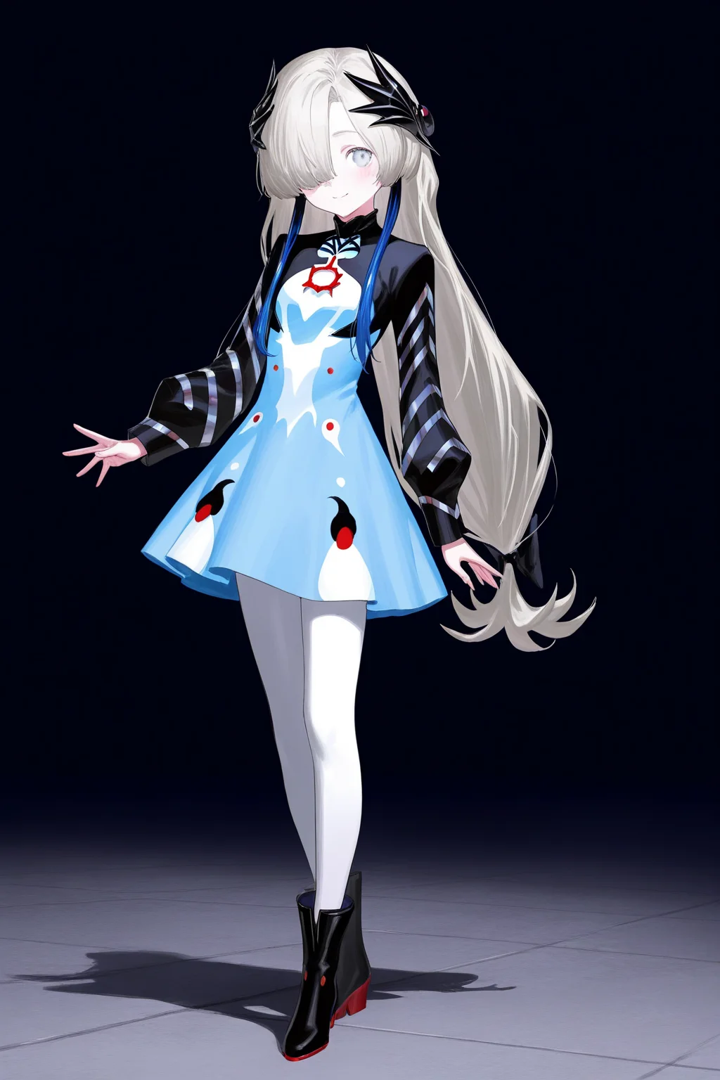 1girl, <lora:YatagarasuV1:0.8>
isekaijoucho, yatagarasu, gray long hair, black hair ornament, hair over one eye, gray eyes, blue hair extensions, multicolored_hair, black blue two tone dress, long sleeves, white pantyhose, black boots,
full body, standing, smiling,
masterpiece,best quality,newest,absurdres,highres, artist: reoen,