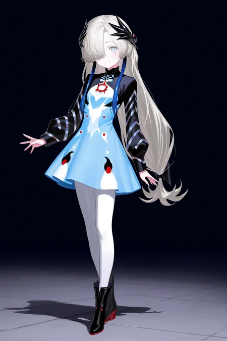 1girl, <lora:YatagarasuV1:0.8>
isekaijoucho, yatagarasu, gray long hair, black hair ornament, hair over one eye, gray eyes, blue hair extensions, multicolored_hair, black blue two tone dress, long sleeves, white pantyhose, black boots,
full body, standing, smiling,
masterpiece,best quality,newest,absurdres,highres, artist: reoen,