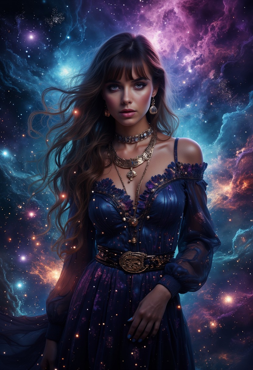 aidmaGlow, noc-space, image stunning woman, long loose hair, dark eyeshadow, bangs, necklaces, earrings, sumptuous flowing dress, BREAK.  background of swirling stardust and nebula gas