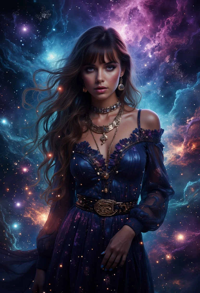aidmaGlow, noc-space, image stunning woman, long loose hair, dark eyeshadow, bangs, necklaces, earrings, sumptuous flowing dress, BREAK. background of swirling stardust and nebula gas
