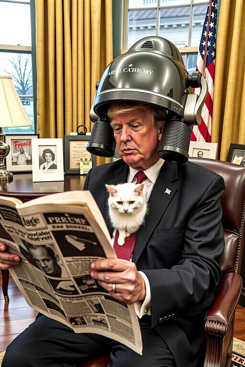 Donal Trump at the oval office reading newspaper.  He is wearing a large vintage hair dryer over his head.  There is a a white cat sitting on his lap. <lora:vintage_hair_dryer_v1:1.0> <lora:Flux-Sch-SingleBlocks-BF16:1.0><lora:803906144520262929:0>