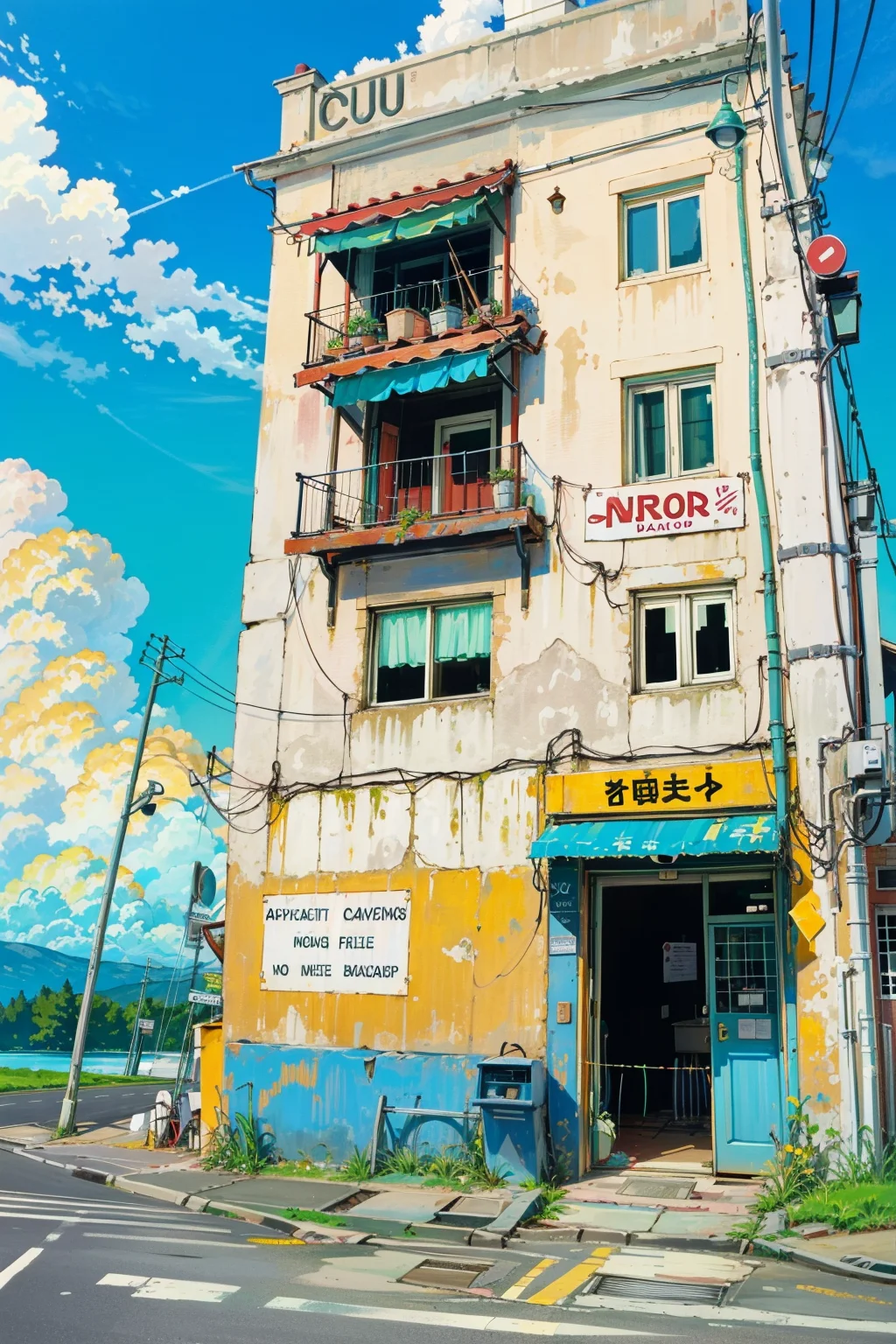 outdoors, sky, cloud, day, black hair, scenery, shirt, tree, blue sky, building, sign, no humans, power lines, white shirt, house, english text, railing, long hair, wide shot, short sleeves, utility pole <lora:LoconLoraAirconditioner_loraVersion:1>