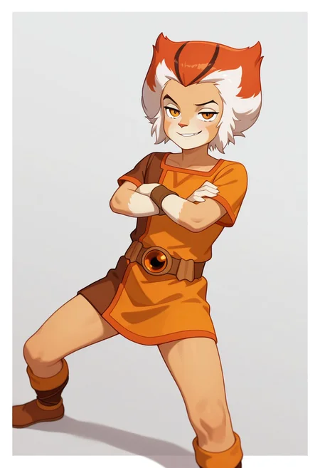 1boy, male focus, cute boy, Wilykat, Two-tone fur, Two-tone hair, orange hair, white hair, black streaks in hair, amber eyes, feline eyes, Two-tone tunic, Orange and brown tunic, wristbands, arms crossed, smug smile, simple background, graphic border, cinematic, intricately detailed illustration, depth of field, masterpiece, best quality, amazing quality, very aesthetic, absurdres, newest, very awa, shadow, dynamic angle, casual cosplay, dynamic pose, action pose