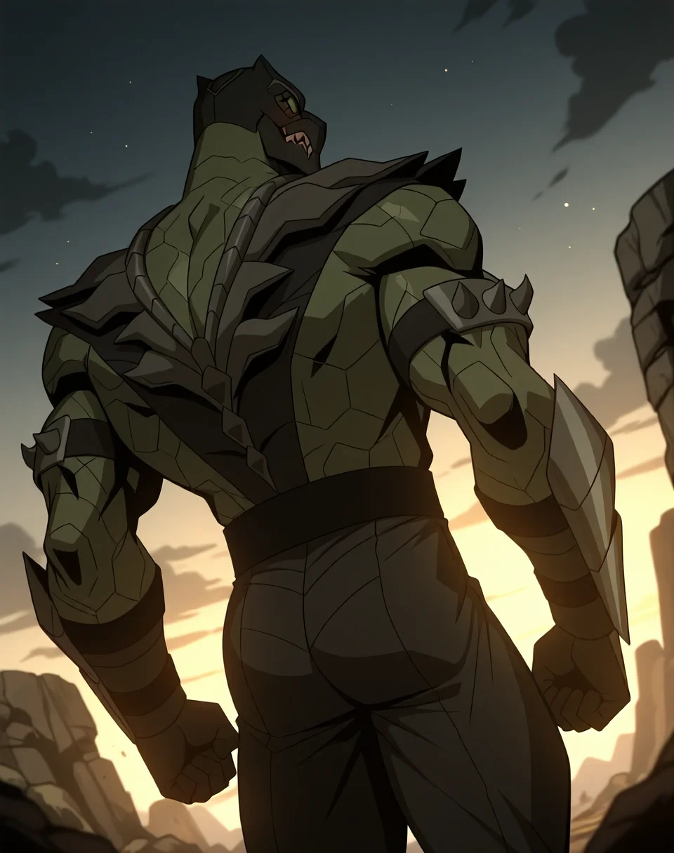 <lora:Reptile_(Mortal_Kombat_Legends_Scorpion's_Revenge)_(Illustrious)_(AD):1> Reptile_MK, muscular, Mortal Kombat,
dutch angle, exterior, monumental architecture, wasteland, dark night sky with black clouds, mountains, ancient Asian stone ruins,
male focus, gradient coloring, villain, cowboy shot, hyper muscular, back view, butt,
BREAK very awe, aesthetically pleasing, masterpiece, best quality, amazing quality, very aesthetic, perfect depth of field shot, in'ei, source_furry, furry_art,
Smooth Quality, lazympos, IllustQualXL_Pos,