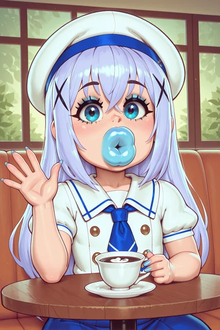 masterpiece, best quality, amazing quality,
1girl, dutch angle, (artist:riz, artist:bbc-chan:1.5),
(puckered lips, bimbo lips, thick lips, puffy lips), enormous lips, long nails, light blue nails, smile, ((light blue lips)), sitting across table, waving, holding cup,
((kafuu chino, kafuu chino's school uniform, beret)),
flat chest, shiny skin,
cafe, looking at viewer,