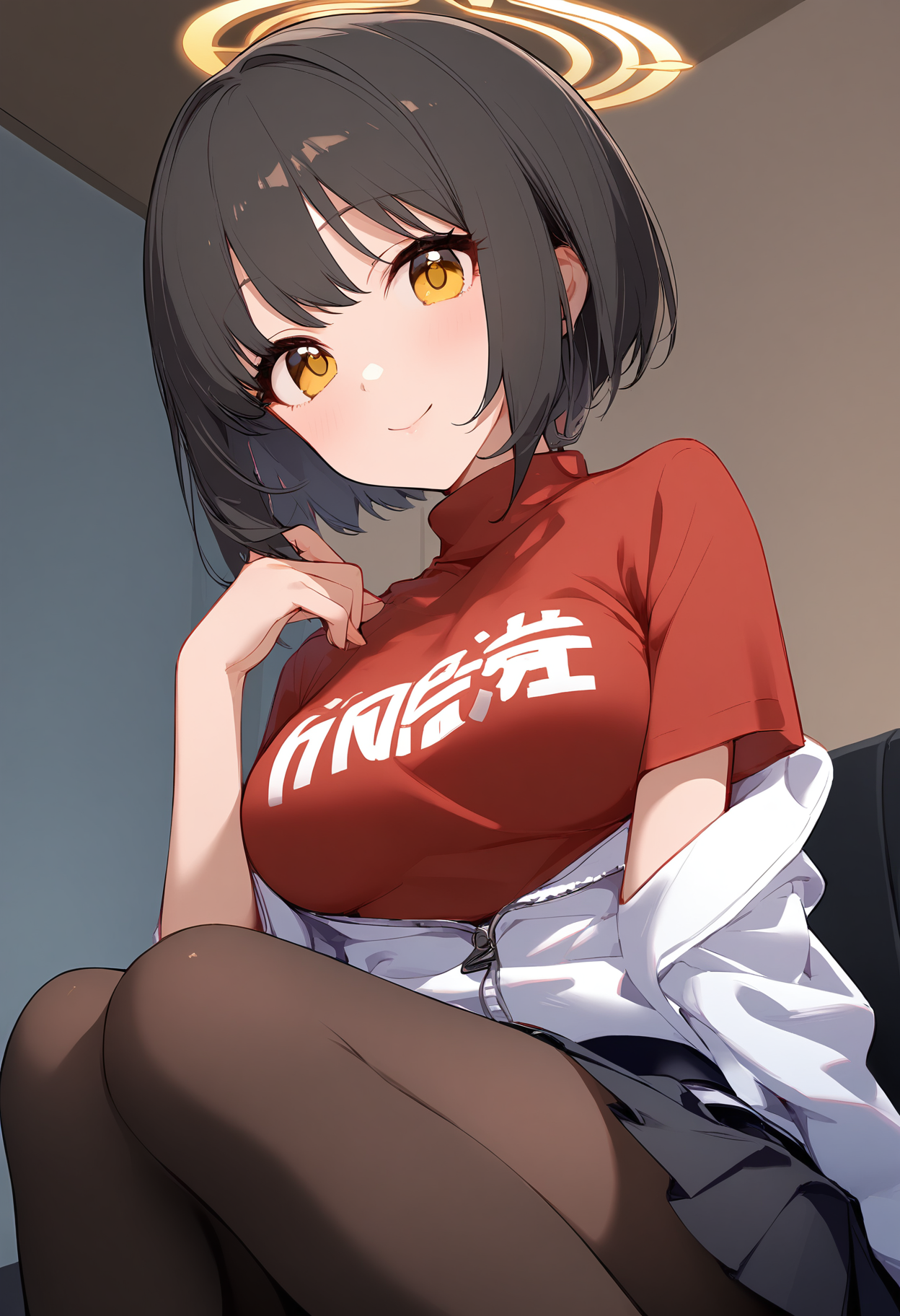 1girl,
takafuji kako,


knees up, pantyhose, halo, off shoulder, legs together, hand up, arm at side, red shirt, short sleeves, knees to chest, black hair, white jacket, feet out of frame, black skirt, knees together feet apart, yellow eyes, sitting, skirt, short hair, medium breasts, looking at viewer, miniskirt, blush, indoors, breasts, turtleneck, jacket, black pantyhose, shirt, smile, pleated skirt, solo,

sfw
<lora:a31_char_new_takafuji_kako:1> <lora:a31_style_koni-000010:0.8>