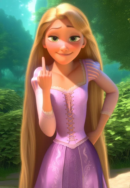 1girl, solo, newest, very long hair, blonde hair, green eyes, pov, highres, dress, seductive, blush, embarrassed, smug smile, one hand on own hip, closed mouth, middle finger, hand up, from front, centered, girl focus, outdoors, forest, (freckles:0.8), looking at viewer, cowboy shot, textured skin, bloom, (best finished, amazing quality, best quality:1.1), (high budget, photorealistic:1.1), masterpiece, <lora:Tangled_Rapunzel (1):1>