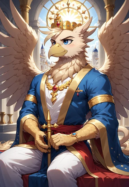 masterpiece, score_9_up, score_8_up, score_7_up, score_6_up, source_pony, (best quality:1.1), ultra-detailed, high resolution, highly detailed macro illustration, solo BREAK 1boy, grover_vi, kaiser, griffon, anthro, avian, yellow beak, male, eyebrows, blue eyes, feathers, feathery ear, tail, claws, god-emperor, (ornate divine robe:1.4), (regal expression:1.5), (golden imperial staff in hand:1.3), (massive celestial wings spread wide), (flowing robes of wisdom), (sitting on a divine throne) BREAK (golden imperial city in the clouds, rays of sunlight shining through the palace), (divine aura surrounding him), ethereal golden glow, warm heavenly light BREAK sharp focus, perfect lighting, anatomically correct, extremely detailed, high detail, detailed background, OverallDetail, zPDXL3