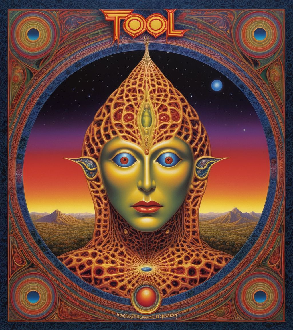 Tool Metal album cover, style by Alex Gray, (write text: "TOOL")