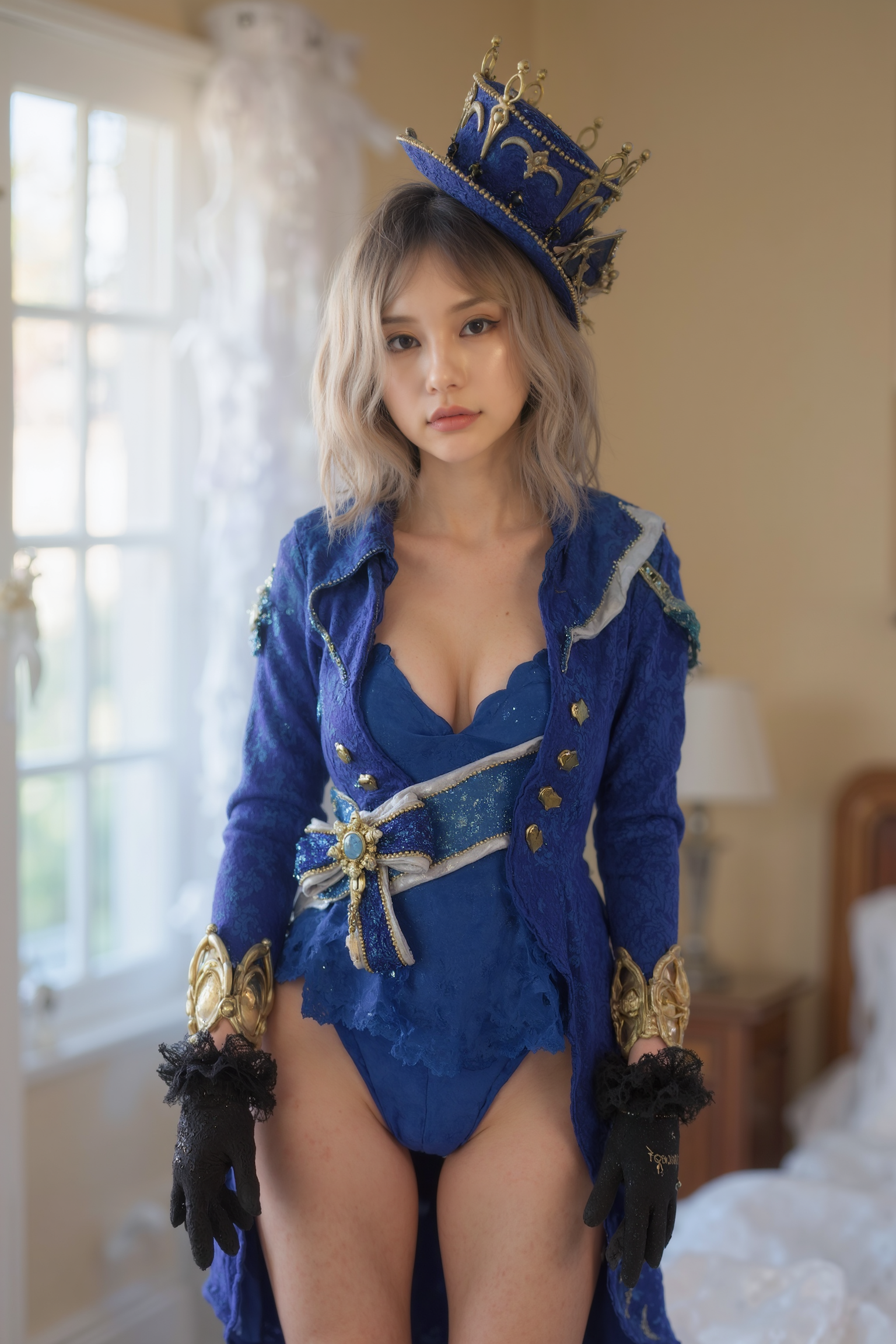 This is a high-resolution full body photograph featuring a young woman standing on the floor in the house. 

She is wearing SGWN34Clothing with a vibrant blue outfit with gold accents, with a blue and gold crown, thigh-high boots, and fingerless gloves.

Intimate morning portrait, natural window light streaming in, blonde wavy hair, soft genuine smile,  casual at-home vibes, bashful mischievous glance, minimal everyday makeup, warm vanilla walls in background, lifestyle photography, candid moment, shot on Sony A7IV with 35mm f/1.4 lens, shallow depth of field, (soft morning glow:1.3), (natural skin texture:1.2), (gentle bokeh:1.2), (casual intimacy:1.4), dreamy atmosphere, film-like grain, nostalgic color grading, Instagram aesthetic, lifestyle blogger quality