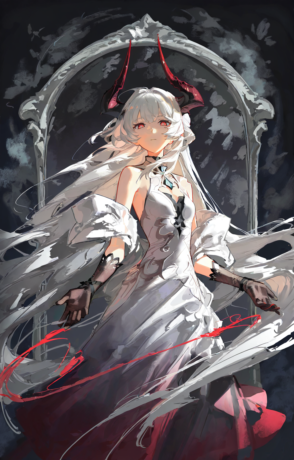 1girl,solo,(silvery white hair:1.3),very long hair,(Black-to-Red Gradient Demon Horns:1.5),(flat chest:0.6),curved forward Horns,(white sleeveless dress:1.2),(Red Dragon Eyes:1.2),(black_pupils:1.1),contempt,light leaks,(looking_at_viewer:1.2),looking_down,bust,from_side,hyperdetailed,best quality,masterpiece,absurdres,wallpaper,faux_traditional_media,<lora:rafaelaaa:0.9>,