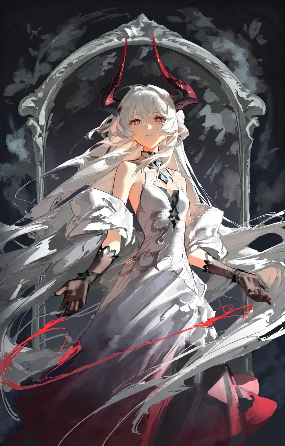 1girl,solo,(silvery white hair:1.3),very long hair,(Black-to-Red Gradient Demon Horns:1.5),(flat chest:0.6),curved forward Horns,(white sleeveless dress:1.2),(Red Dragon Eyes:1.2),(black_pupils:1.1),contempt,light leaks,(looking_at_viewer:1.2),looking_down,bust,from_side,hyperdetailed,best quality,masterpiece,absurdres,wallpaper,faux_traditional_media,<lora:rafaelaaa:0.9>,
