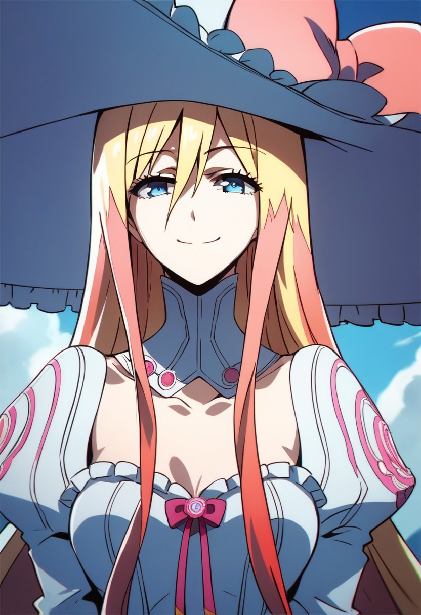 score_9,score_8_up,score_7_up,source_anime, SUBARU_MITEJIMA,1girl,solo,looking at viewer,smile,blue eyes,dress,hat,bow,ribbon,hair between eyes,closed mouth,upper body,frills,witch hat,parody,anime coloring,