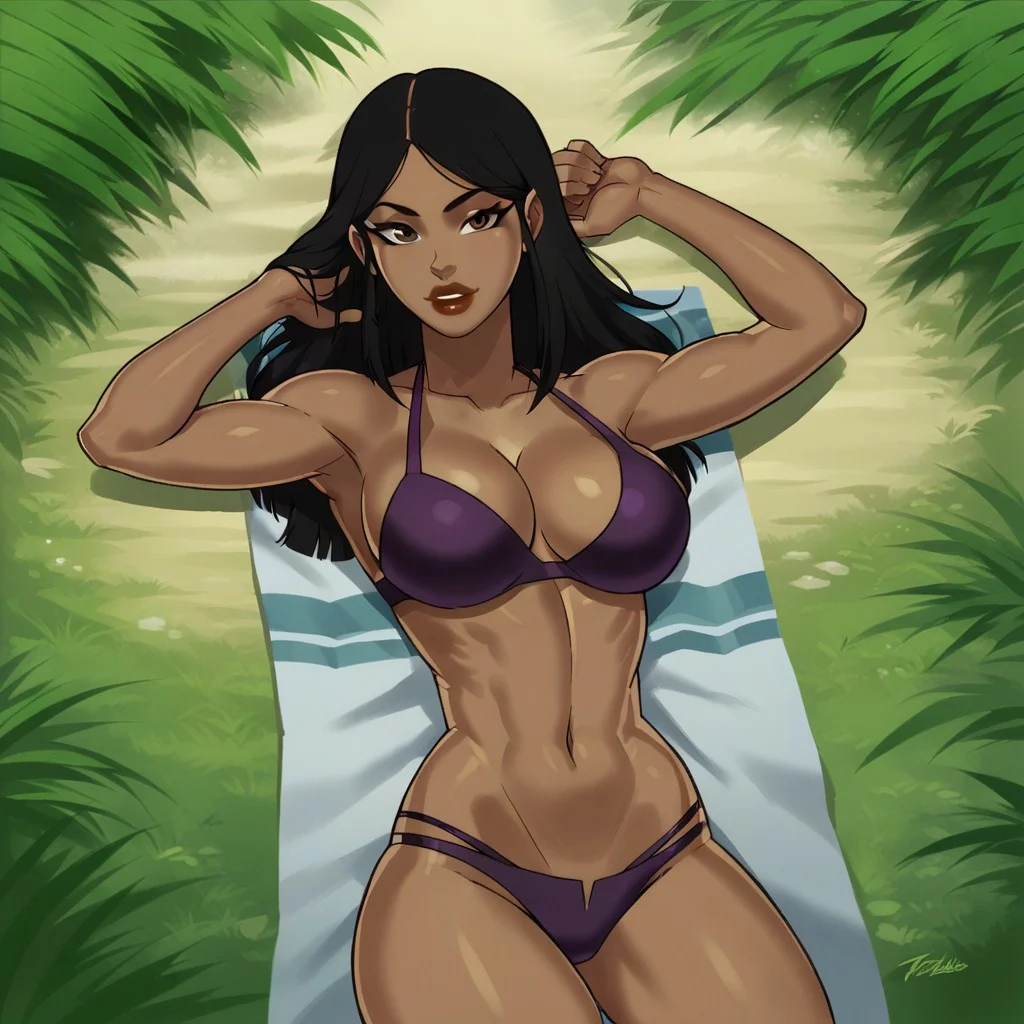 score_9_up, score_8_up, score_7_up, solo, 1girl, makeup, lipstick, long hair, black hair, brown eyes, purple bikini, string bikini, cleavage, collarbone, peng deilan, dark skin, outdoors, jungle, river, lying, towel, trees, looking at viewer, navel, sexy