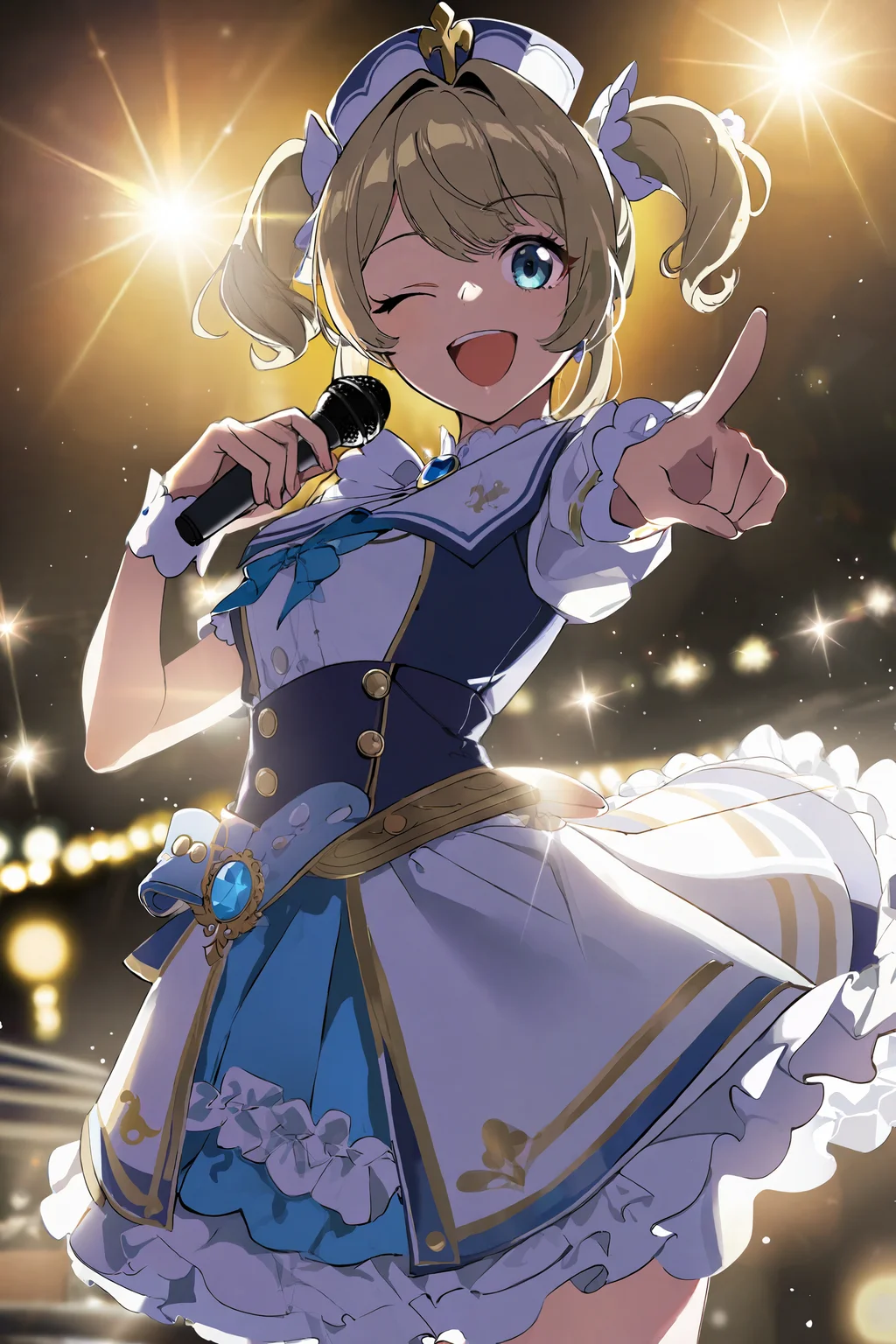 by yoneyama mai, 1girl, barbara_(genshin_impact), idol, cowboy shot, solo, pointing to viewer, holding microphone, beige hair, one eye closed, open mouth, happy, hair ornaments, frilled dress, cinematic lighting, backlighting, detailed, aesthetic, beautiful, beautiful color, amazing quality
