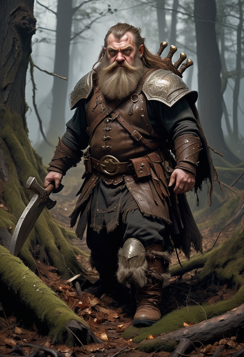 (medium full shot) of (stout mountain dwarf) wearing a brown iron breastplate, woolen pants, leather boots, Unkempt hazel beard, gold amulet, wielding a battle axe, set in  a forest battlefield, with fallen trees, hidden traps, thick underbrush , during a storm, ,Masterpiece,best quality, raw photo, realistic, very aesthetic, dark