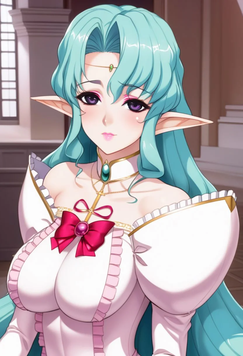 Arietta Elfinrine, delicate lady, violet eyes, detailed eyes, blush, Beautiful lips, lipgloss, luscius lips, teal hair, cross collar, pandant earrings, red ribbon on chest, pink princess dress, elbow gloves, Forehead jewelry, delicated and intrincade, masterpiece, ultra detailed, 4k