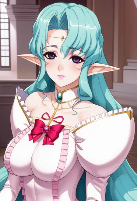 Arietta Elfinrine, delicate lady, violet eyes, detailed eyes, blush, Beautiful lips, lipgloss, luscius lips, teal hair, cross collar, pandant earrings, red ribbon on chest, pink princess dress, elbow gloves, Forehead jewelry, delicated and intrincade, masterpiece, ultra detailed, 4k