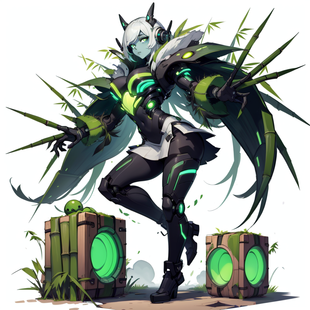 (simple background:1.2), ( white background:1.2), full body,looking at viewer,
1girl, lifting a giant cube, suit, miniskirt,office lady,
monster girl, colored skin, multicolored skin,
petite body, tired , expressionless,
glowing skin,
<lora:BambooTech-20:0.8>, bambootech , scifi, bamboo, fibers ,
