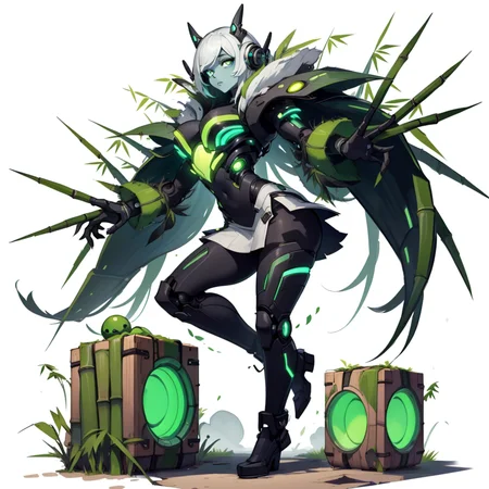 (simple background:1.2), ( white background:1.2), full body,looking at viewer,
1girl, lifting a giant cube, suit, miniskirt,office lady,
monster girl, colored skin, multicolored skin,
petite body, tired , expressionless,
glowing skin,
<lora:BambooTech-20:0.8>, bambootech , scifi, bamboo, fibers ,