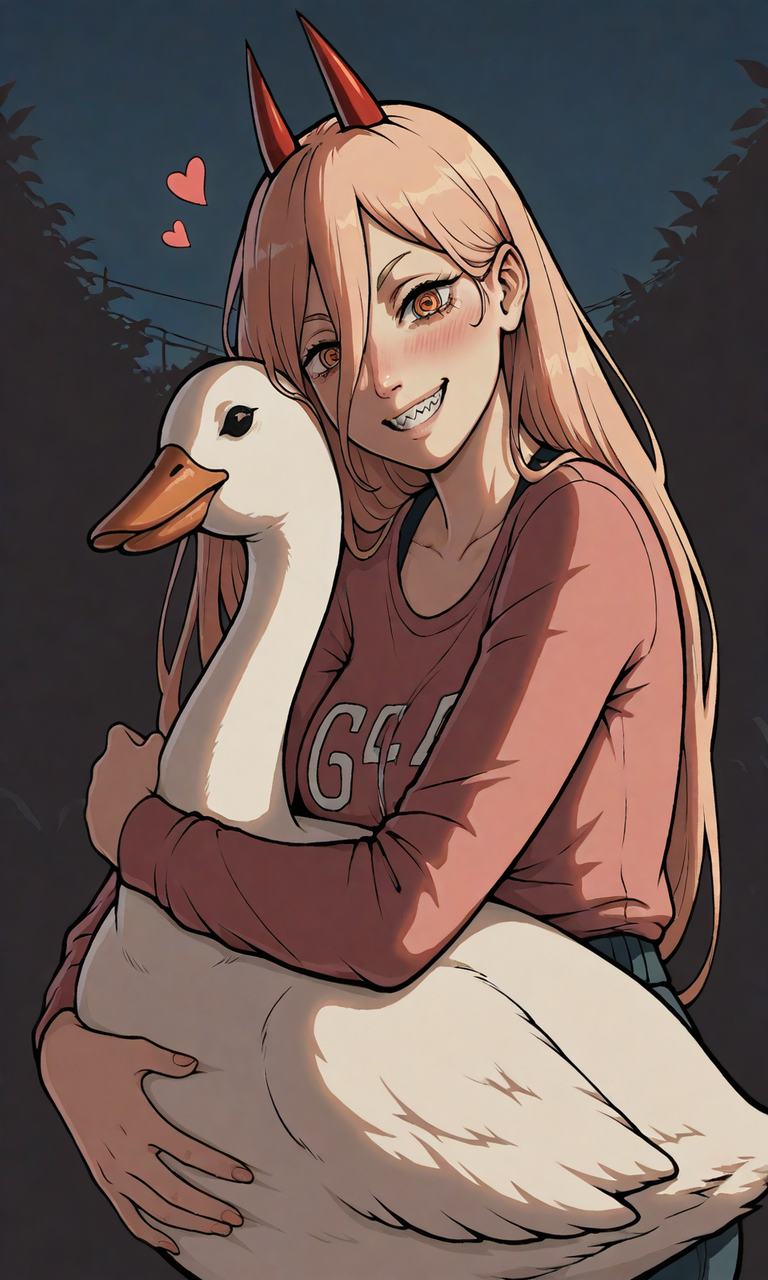 embedding:IllusP0s, GTASA-LS-ILV1.0, 1girl, hugging goose, night, loving, smile, power_\(chainsaw man\)<lora:GTA_SA_Style_-_IL-000014.safetensors:1.0:1.0>